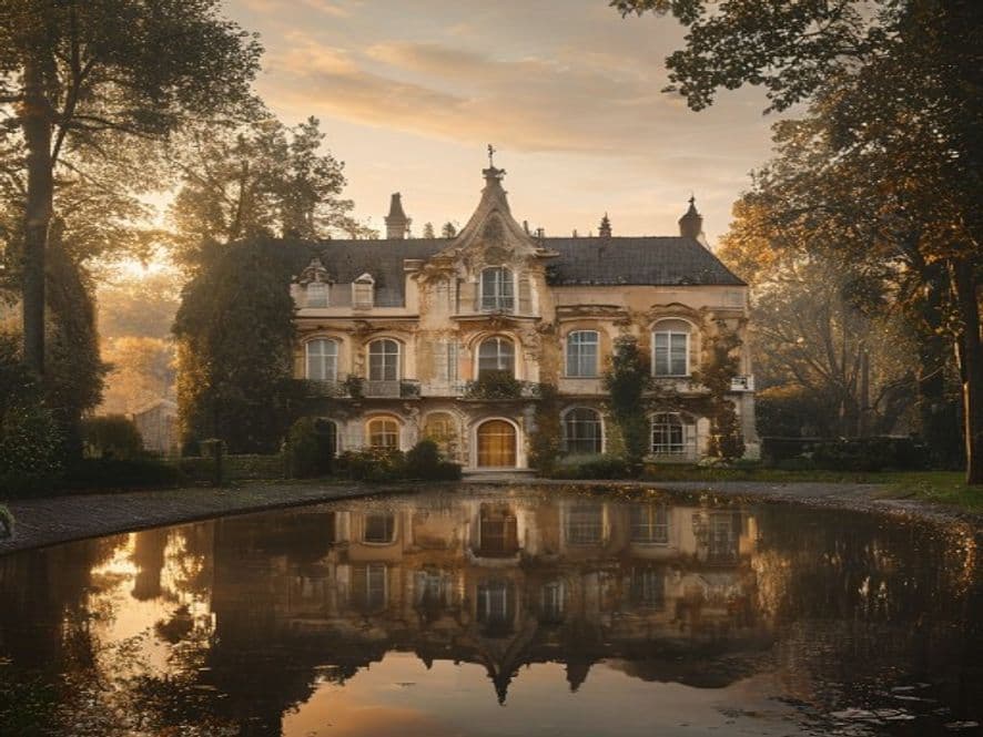 Gutshof Moritzburg — barockes Landgut mit Teichspiegelung im Morgenlicht