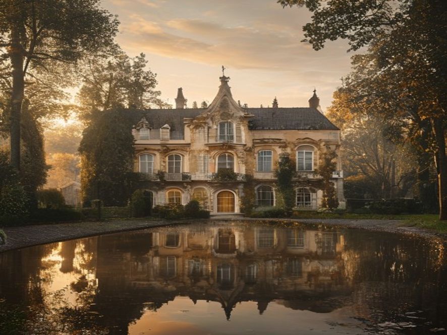 Gutshof Moritzburg — barockes Landgut mit Teichspiegelung im Morgenlicht