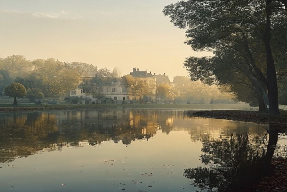 Gutshof Moritzburg — Teichlandschaft und Gutspark im Morgendunst