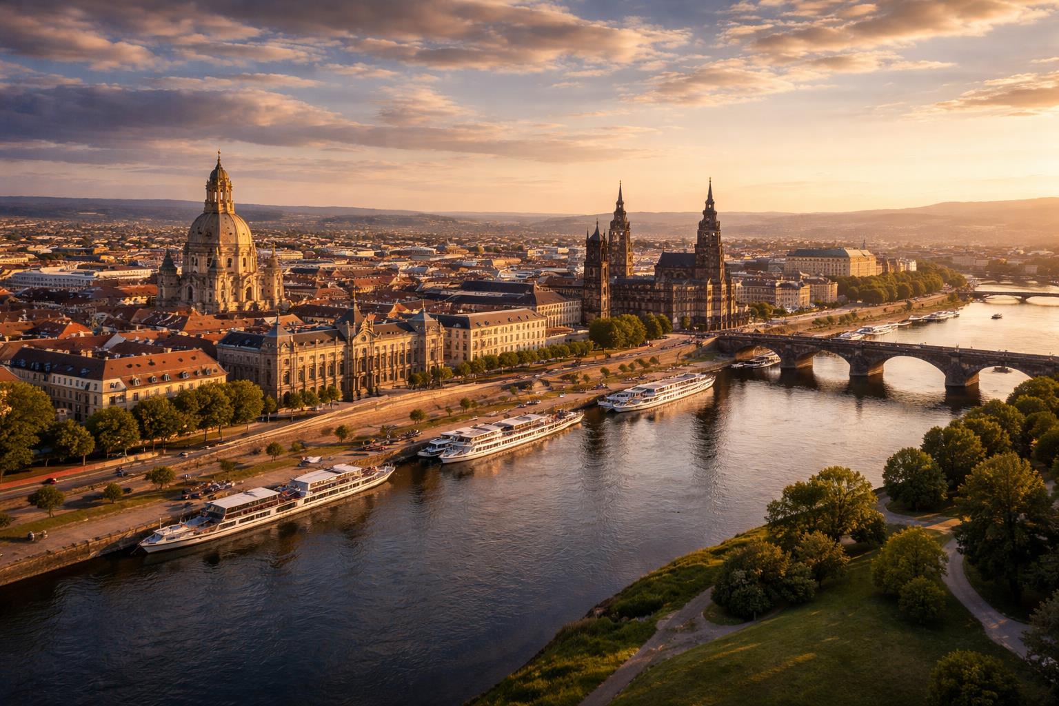 Dresdner Skyline im Sonnenuntergang mit Elbe — Lage des Ritterguts Seifersdorf